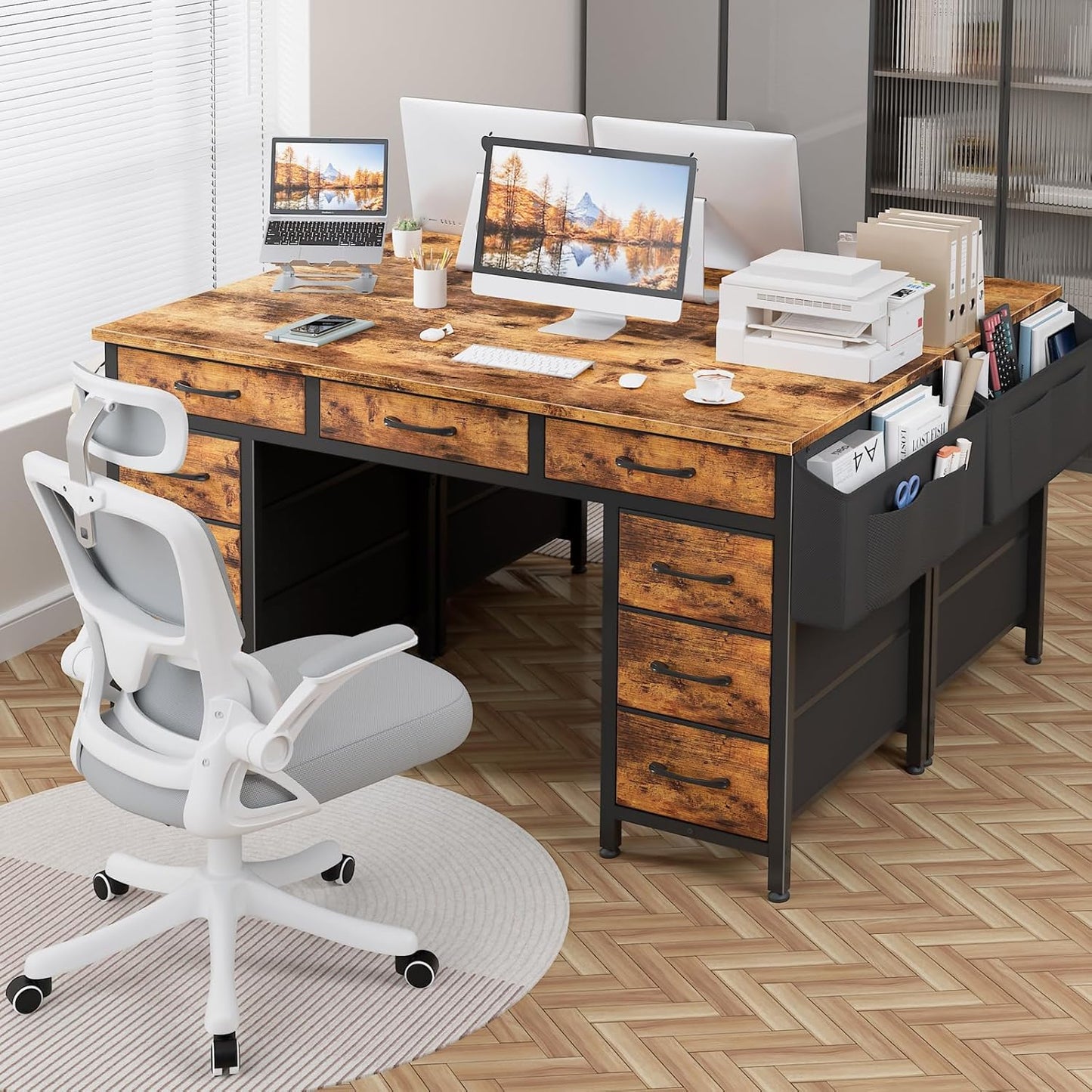 Lufeiya 47 Inch Computer Desk with 9 Drawers, Office Desk Work Desk for Home Office, Study, Writing Desk with Fabric Drawers on Both Sides, Large Storage, Rustic Brown