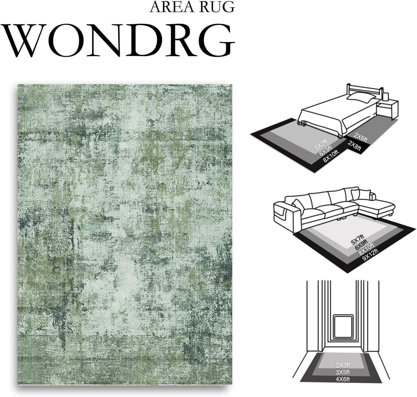 9x12 Area Rug Dark Green Modern Neutral Abstract Living Room Bedroom Indoor Floor Carpet Low Pile Soft Non-Slip Lightweight Vacuumable Washable Large Throw Rug for Nursery Dining Room