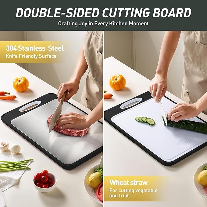 2 in 1 Stainless Steel Cutting Board with Handle Chopping Best Non Toxic Cutting Boards 2 Sided Cutting Boards for Kitchen Butcher Board Best Hardwood Kitchen Counter Organic Vegetable Meat BBQ Kit