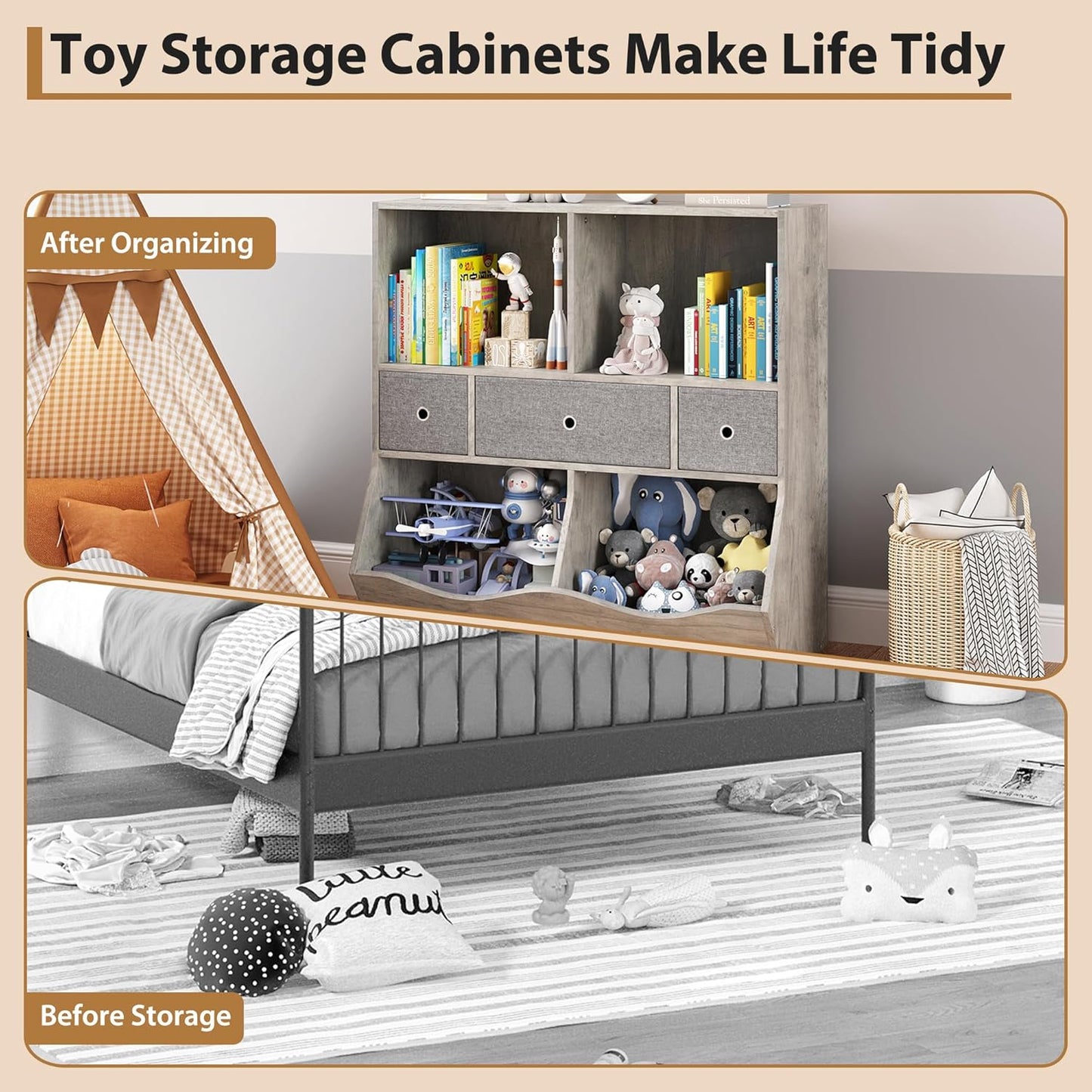 IDEALHOUSE 7-Cubby Large Kids Toy Storage Organizer, Children Wood Bookcase and Bookshelf, 3-Tier Toy Storage Cabinet with 3 Drawers for Hallway, Playroom, Living Room, School,Gray