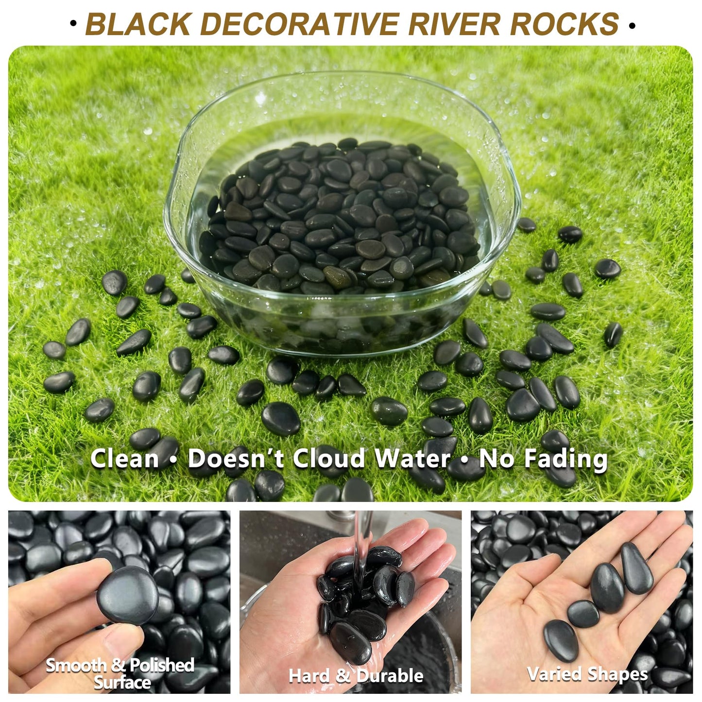 Garrdeen 5LB Black Polished River Rocks, 0.5–1.0 inch Small Pebbles for Indoor Plants, Aquarium Rocks, Fish Tank Gravel, Decorative Stones for Planters, Vase Fillers & Landscaping Decor