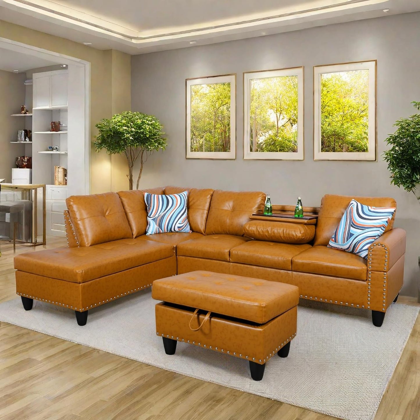 L Shaped Sectional Sofa with Ottoman, Nail-Head Design Leather Right Facing Modern Couches with Cup Holder for Living Room, Bedroom, Office, Ginger