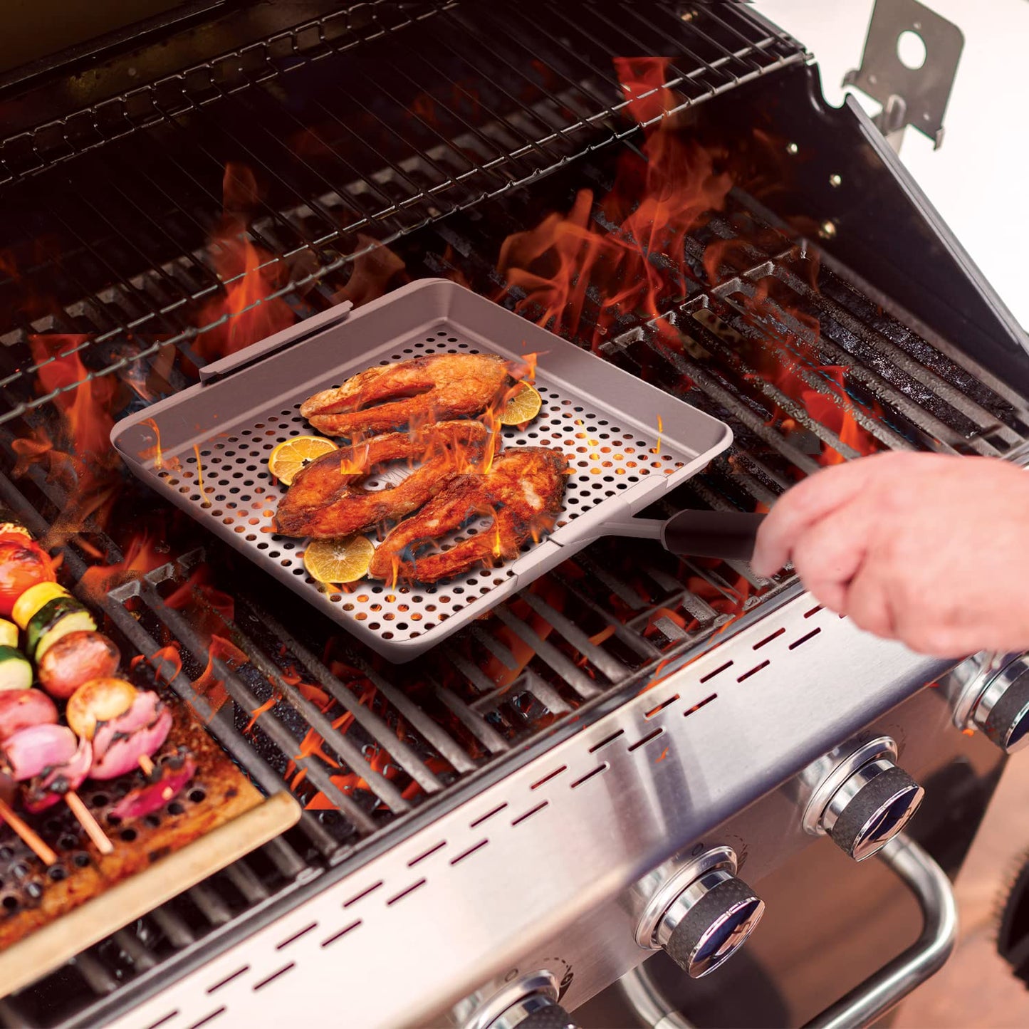 Yukon Glory™ BBQ 'N SERVE Wide BBQ Grill Basket The Grilling Basket Includes a Clip-On Handle - Perfect Grill Baskets for Outdoor Grill Vegetables or Fish Basket & Meat