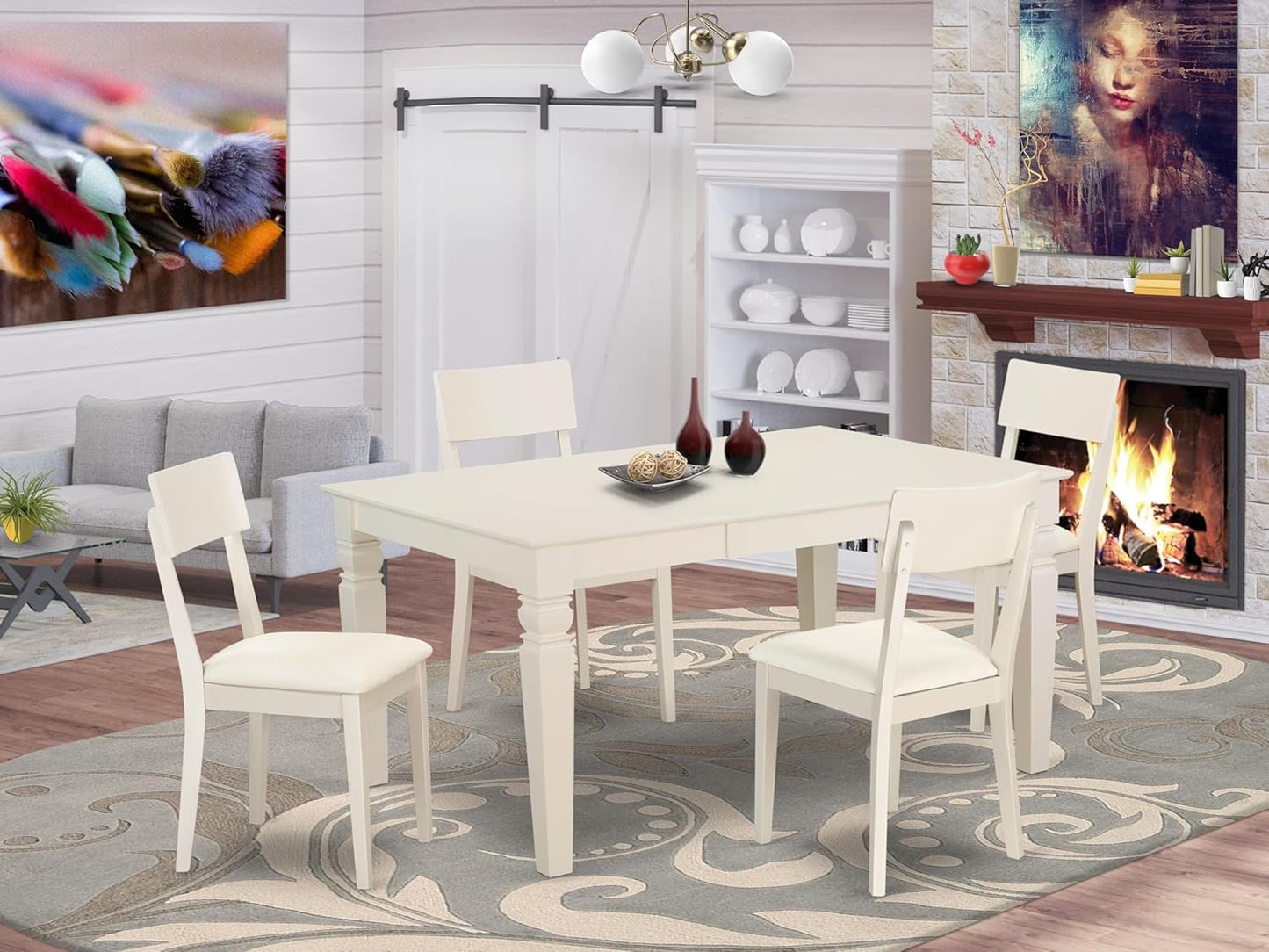 East West Furniture WEAD5-LWH-LC 5 Piece Dining Table Set for 4 Includes a Rectangle Kitchen Table with Butterfly Leaf and 4 Faux Leather Upholstered Chairs, 42x60 Inch, Linen White