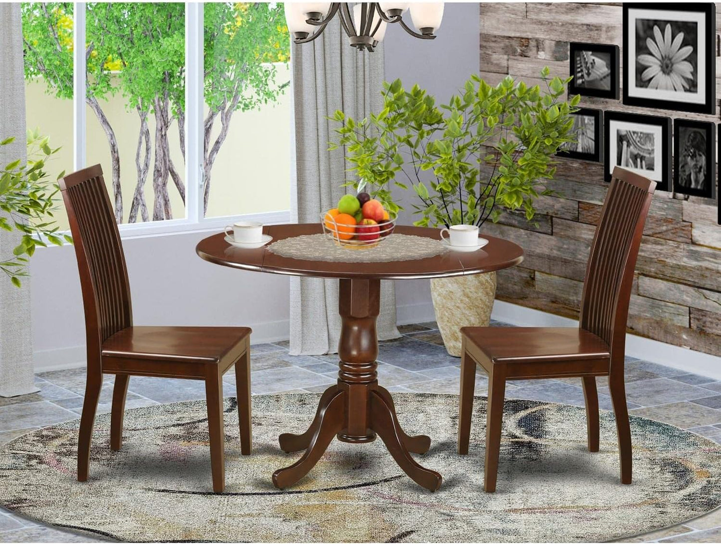 East West Furniture DLIP3-MAH-W 3 Piece Dining Room Furniture Set Contains a Round Kitchen Table with Dropleaf and 2 Dining Chairs, 42x42 Inch, Mahogany