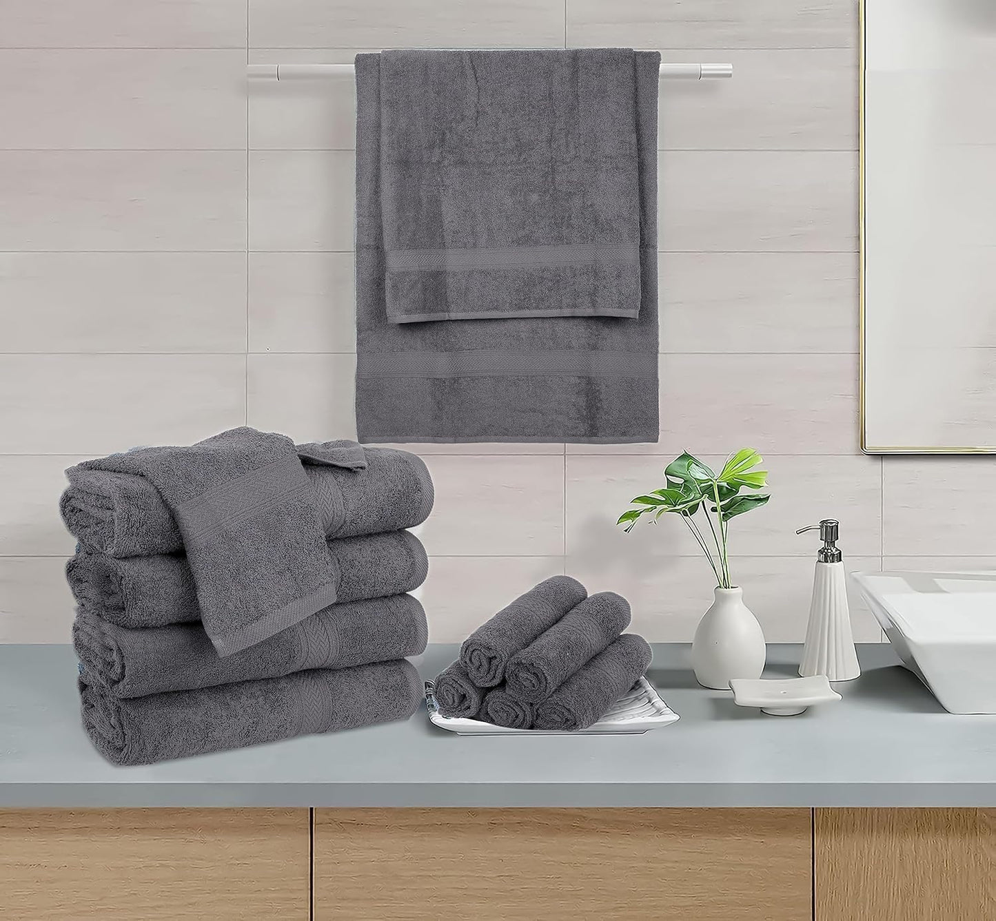 Hillfair 12 piece 600 GSM Cotton Bath Towels - Hotel Spa Quality - 2 Bath, 4 Hand, 6 Washcloths - Absorbent Super Soft Grey Cotton Set