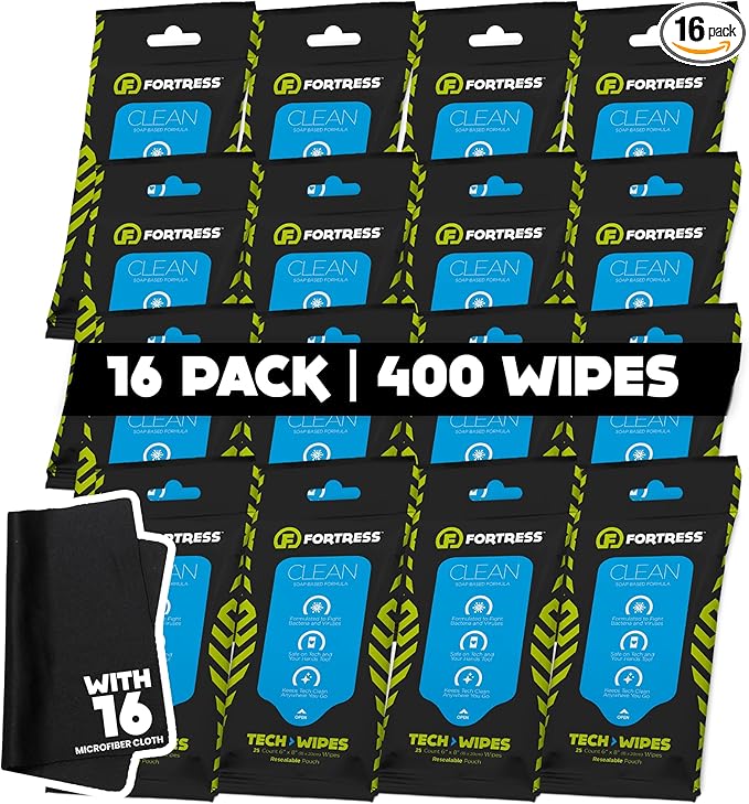 Fortress Electronic Wipes With Microfiber Cloth (25 ct, Pack of 16) To-Go Tech Wipes for Screens, Phones, Keyboards, TV Monitors, Computer Screens, and More [Travel Size] Skin-Safe