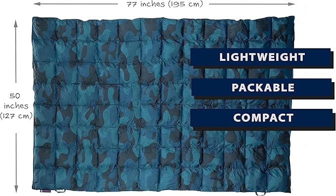 Get Out Gear Down Camping Blanket - Puffy, Packable, Lightweight and Warm | Ideal for Outdoors, Travel, Stadium, Festivals, Beach, Hammock | 650 Fill Power Water-Resistant Backpacking Quilt