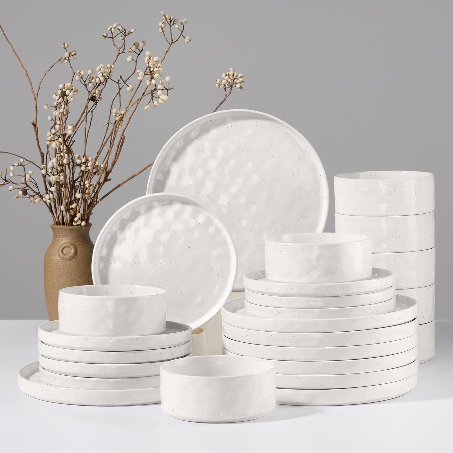 HaWare Dinnerware Sets, 24-Piece Plates and Bowls Set, Stoneware Dish Set for 8, Ceramic Dinnerware for Home Restaurant, Chip and Scratch Resistant, Microwave and Dishwasher Safe, Speckled White