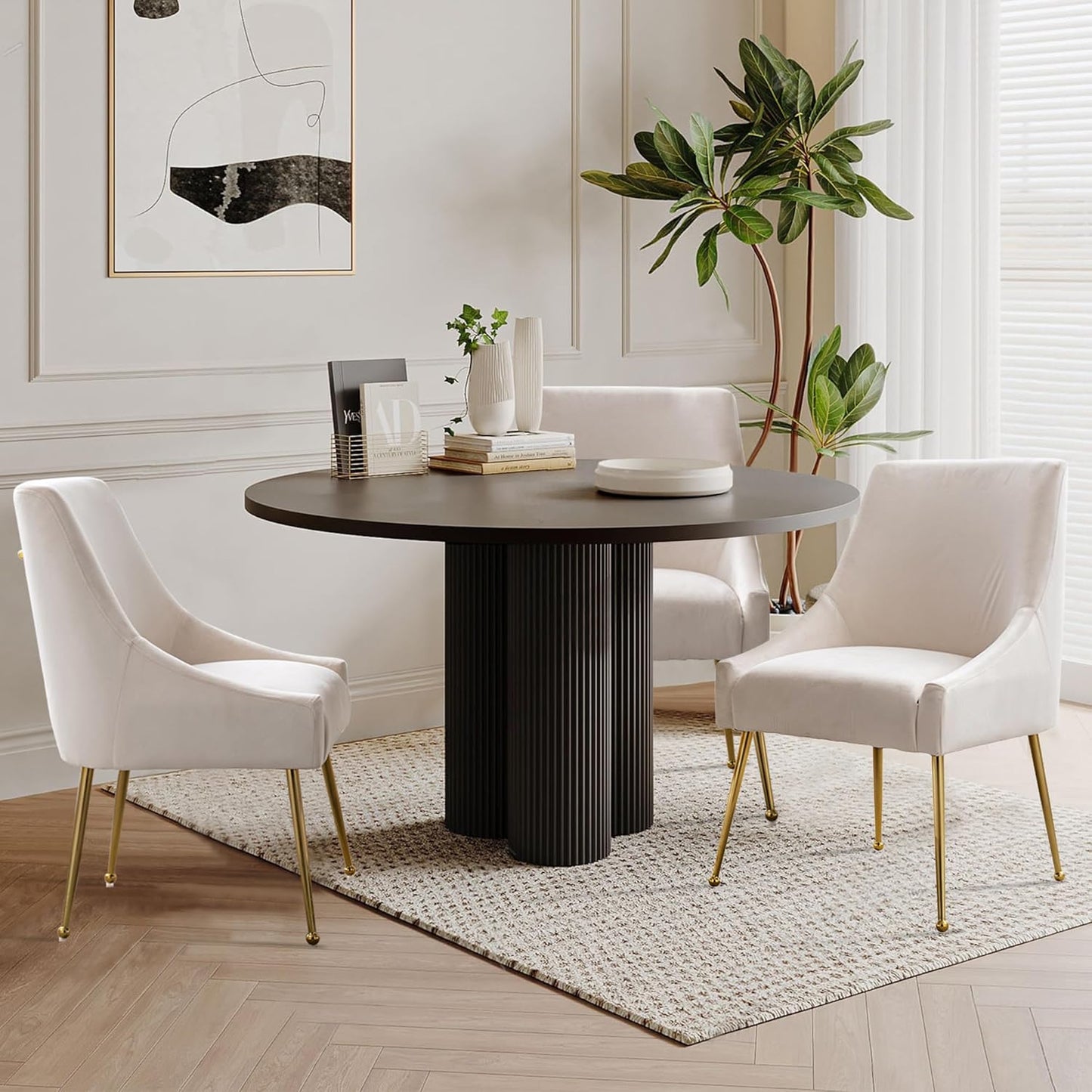 Modern Velvet Dining Chairs Set of 6, Contemporary Upholstered Furniture Collection with Polished Gold Metal Legs, Elegant Accent Chairs for Kitchen Living Room(White)
