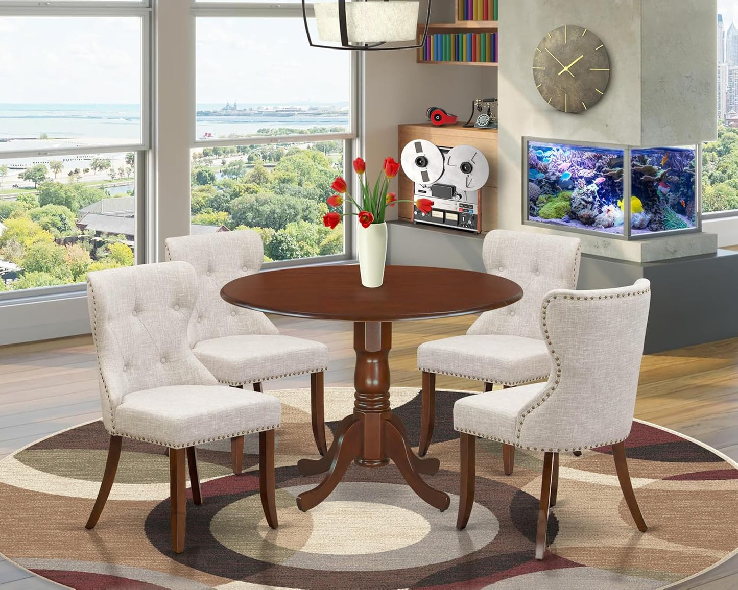 East West Furniture DLSI5-MAH-35 5 Piece Kitchen Table & Chairs Set Includes a Round Dining Room Table with Dropleaf and 4 Doeskin Linen Fabric Parson Dining Chairs, 42x42 Inch, Mahogany