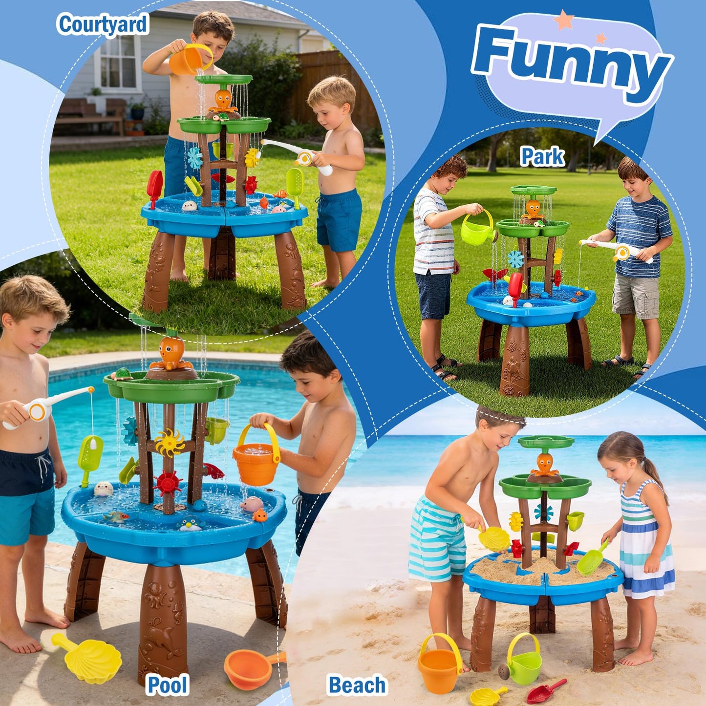 VROGTIK Water Table for Toddlers with Fishing Game Set 3-Tier Kids Sand Water Table Sensory Outdoor Toys for Kids Ages 4-8 Summer Beach Outside Toys Backyard for Kids Toddlers Age 3 4 5 6 7 8 9 10