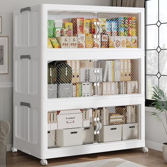 90GAL Plastic Storage Bins with Lid, 360QT Extra Large Stackable Closet Organizers and Storage, Collapsible Storage Boxes with Wheels, Folding Cabinet for Home Kitchen Office, 3Pack White