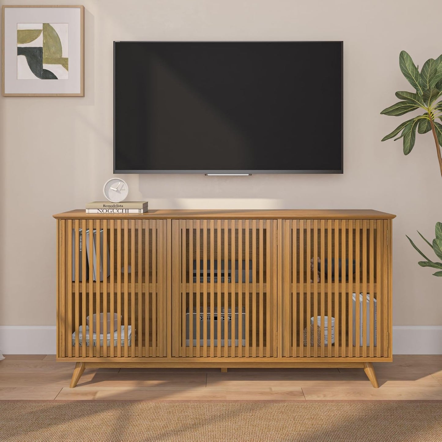 Plank+Beam Mid-Century Modern Wood TV Stand, Three Door Solid Wood Entertainment Console with Storage, 59" L x 16" W x 30" H, Pecan