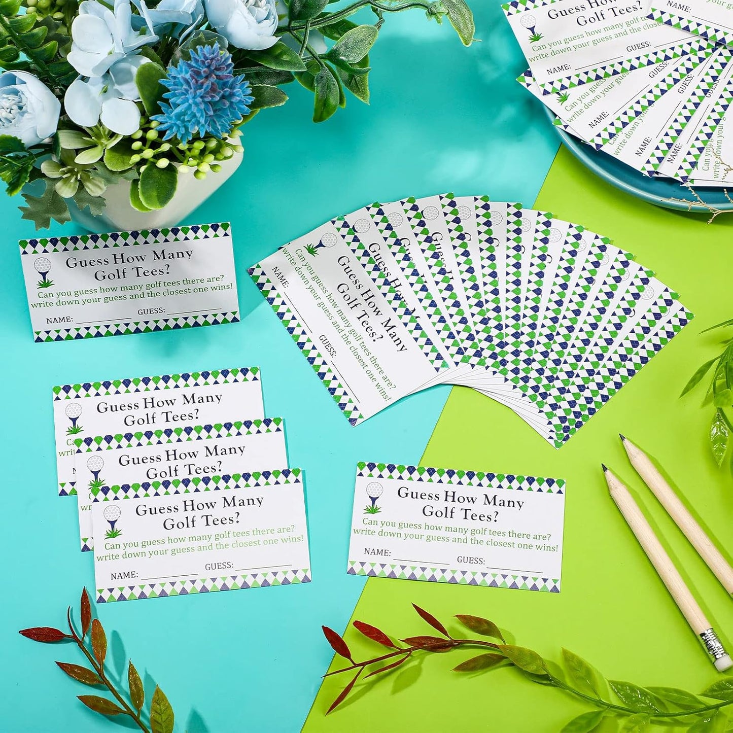 Fumete 101 Pcs Guess How Many Golf Tees Cards 1 Resin Golf Ball Base Memo Clip Holder 10 Pencils Funny Games for Golf Theme Party Supply Bridal Shower Birthday Baby Shower