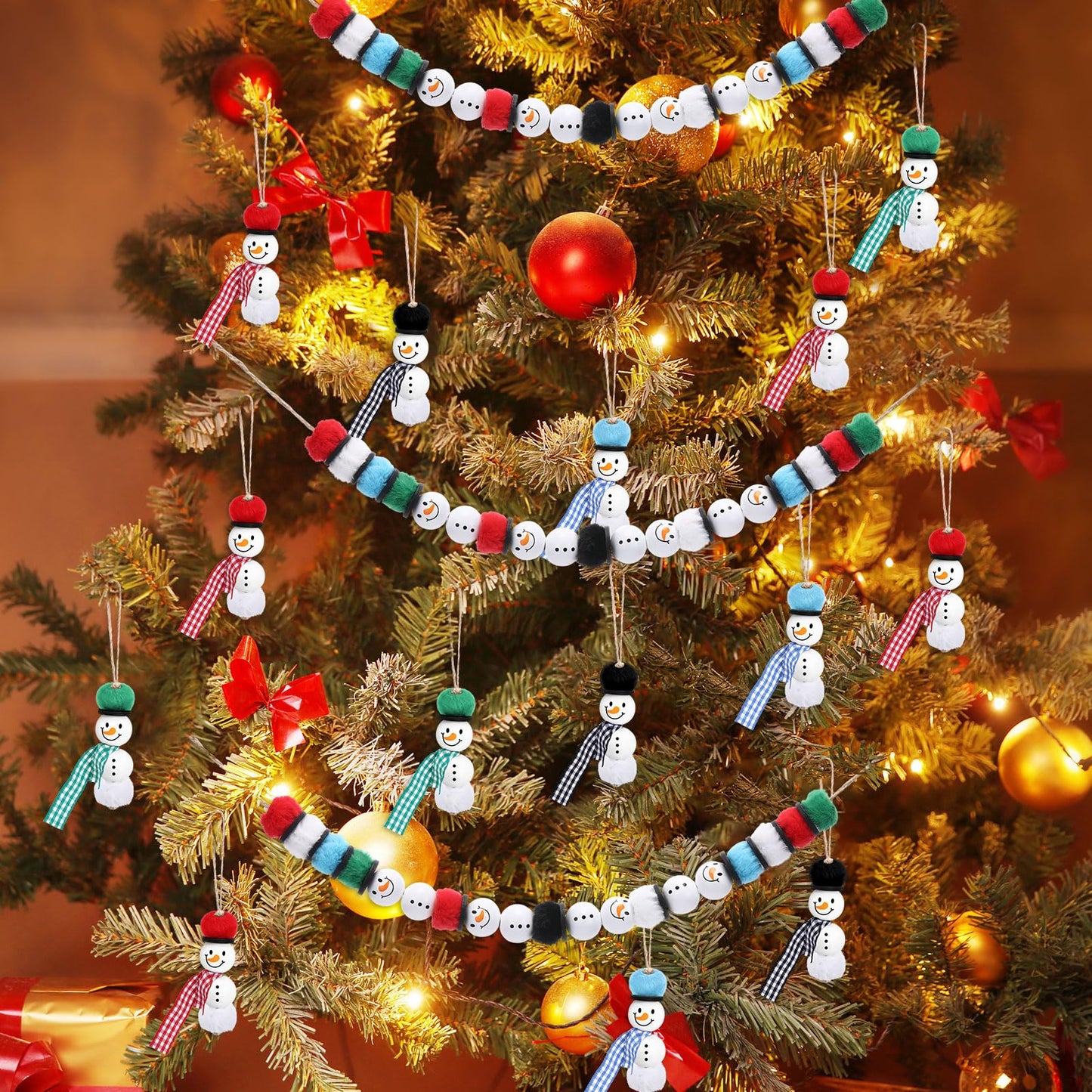 Amyhill 120 Pcs DIY Christmas Snowman Wooden Beads for Craft, Fuzzy Faux Fur Poms, Winter Wood Beads Buffalo Plaid Colorful Print with Twine, for Party Xmas Santa Tree Jewelry Home(Red Green Blue)