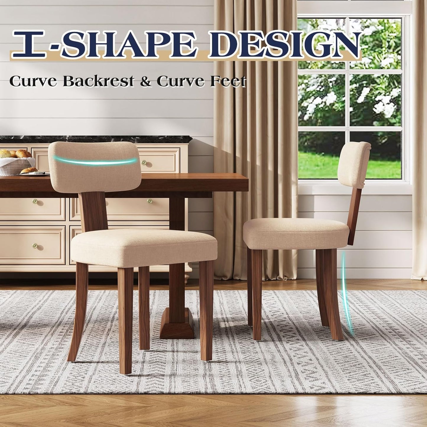 Mid Century Modern Dining Chairs Set of 2, Linen Upholstered Kitchen Chairs with Curved Backrest & Adjustable Legs for Living Room/Bedroom/Lounge, Easy to Install, Beige Linen