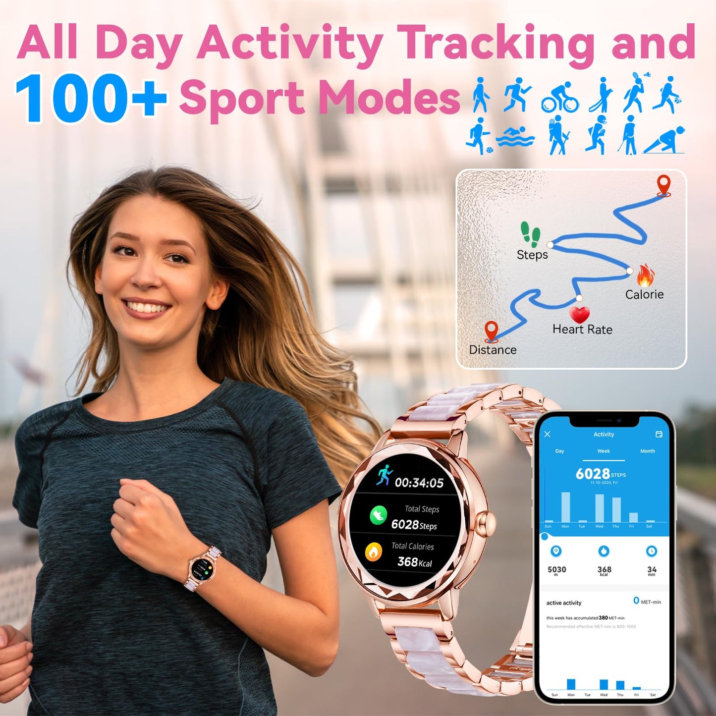 Smart Watch For Women With Make/Answer Call, 1.2 Adjustable Fitness Watch With Heart Rate Sleep Monitor Female Cycle And 100+ Sp