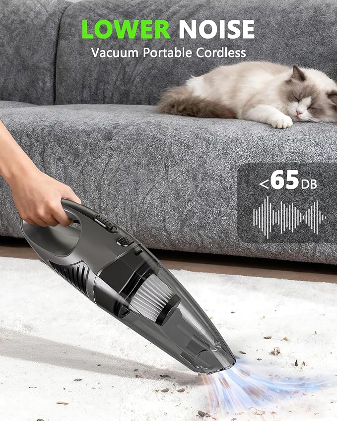 Handheld Vacuum Cordless, Rechargeable Car Vacuum Cleaner with Brushless Motor, Portable Hand Held Vacuum Suction Power, Mini Vacuum for Car, Home, Pet Hair, Office, Desk, Keyboards Grey