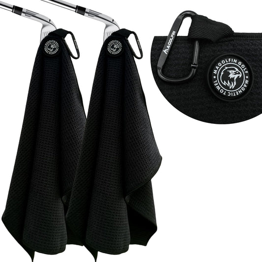 2-Pack Magnetic Golf Towel with Clip, Microfiber Waffle Design - Industrial Strength Magnet for Strong Hold to Golf Bags, Carts & Clubs - Black