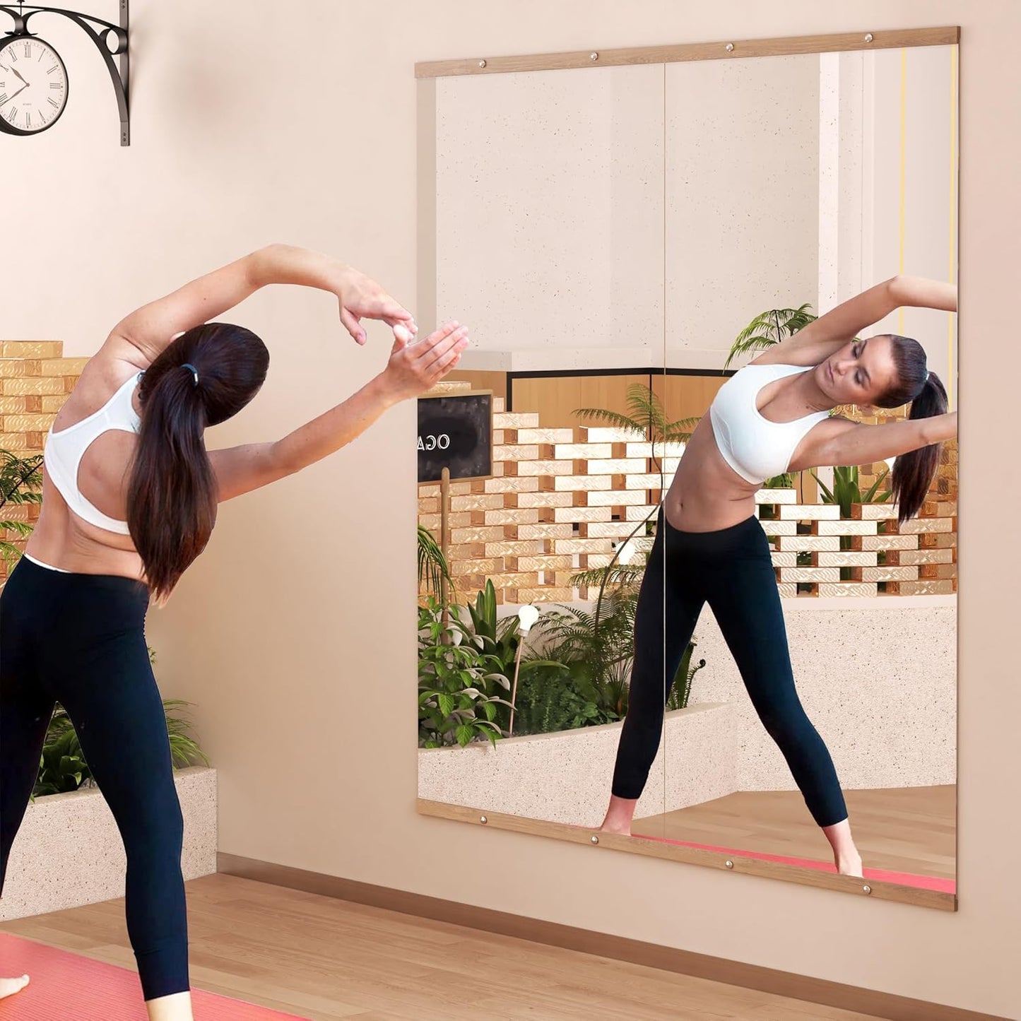 Hasipu 4Pcs 48''x24'' Home Gym Mirror Large Full Length Wall Mounted Full Body Mirror for Yoga Dance Fitness Exercise Studio Bedroom Garage, Frameless Tempered Glass Workout Mirrors Walnut Rectangular
