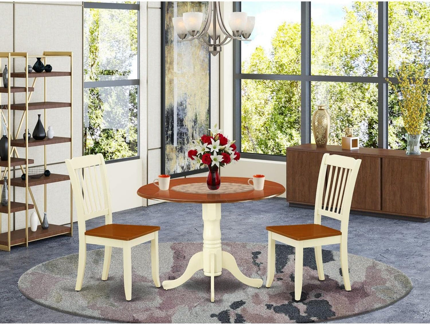 East West Furniture DLDA3-BMK-W 3 Piece Dining Room Furniture Set Contains a Round Dining Table with Dropleaf and 2 Wood Seat Chairs, 42x42 Inch, Buttermilk & Cherry
