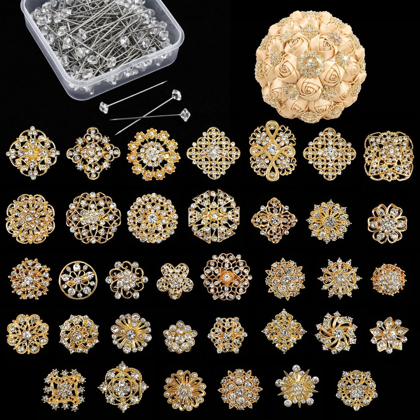 Gold Bouquet Pins Set, 36 PCS Rhinestone Flower Brooches & 100 PCS Crystal Stick Pins for Wedding Bouquet, Corsage, Boutonniere, DIY Craft Embellishments, Wedding Decor Supplies