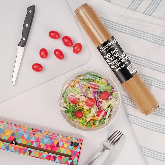 ChicWrap Professional Plastic Wrap Refill Rolls - 4 Pack, 12" x 250' BPA-Free Clear Wrap - Microwave Safe, Air-Tight Seal for Food Preservation - Ideal for ChicWrap Dispensers, Food Storage & Wrapping