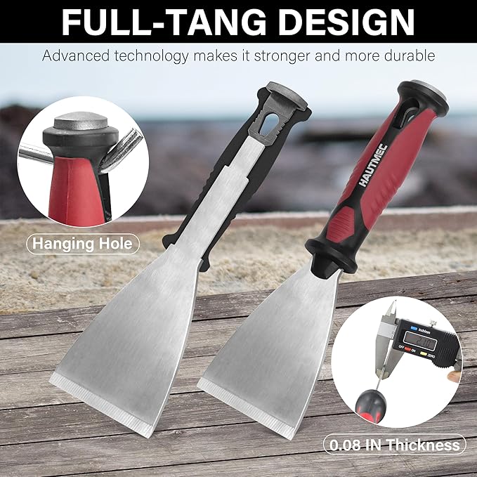 HAUTMEC Putty Knife 4 PC Set, 1.25",2",3" Paint Scraper & 3" 8-in-1 Paint Stripper, Heavy Duty Stainless Steel Blade and Hammer End for Removing Wallpaper, Plaster, Cement 25060
