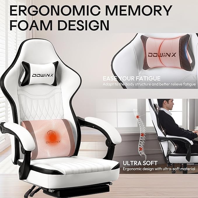Dowinx Gaming Chair Breathable PU Leather Gamer Chair with Footrest Massage Lumbar Support, Big and Tall Ergonomic Reclining Computer Chair with Pocket Spring Cushion for Adults Teens (Black&White)