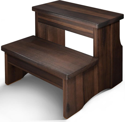 Wooden Two Step Stool, Heavy Duty 2-Step Ladder for Adults & Kids, Supports up to 450lbs for Kitchen, Bathroom or Bedside Use (Walnut Finish)