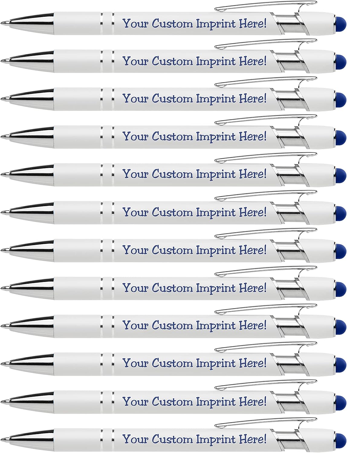 ExpressDesigns™ - Premium Custom Pens with Stylus | Beautiful White | Personalized Soft-Touch Metal Printed Name Pens w/Black Ink - 12 pack (Dark Blue)
