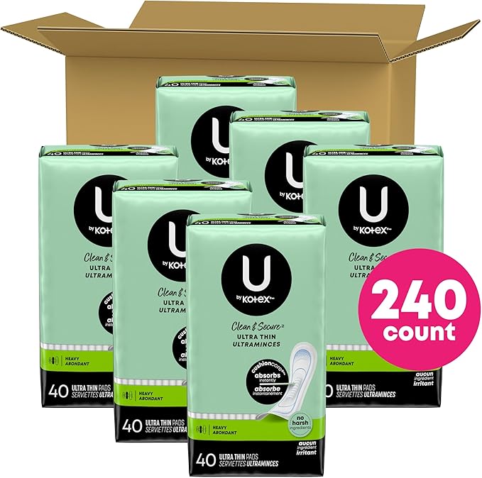 U by Kotex Clean & Secure Ultra Thin Pads, Heavy Absorbency, 240 Count (6 Packs of 40) (Packaging May Vary)