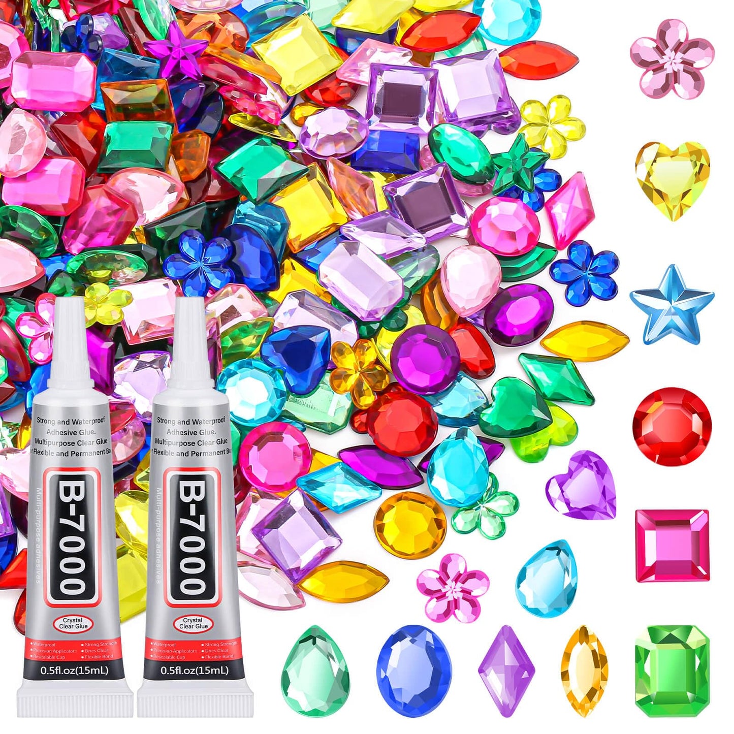 anezus 400Pcs Jewels for Bedazzling with 2 Pack B7000 Jewelry Glue, Flat Back Craft Gems Rhinestones for Clothing, Sequins Rhinestones Gemstones for Fabric, Craft, Decoration