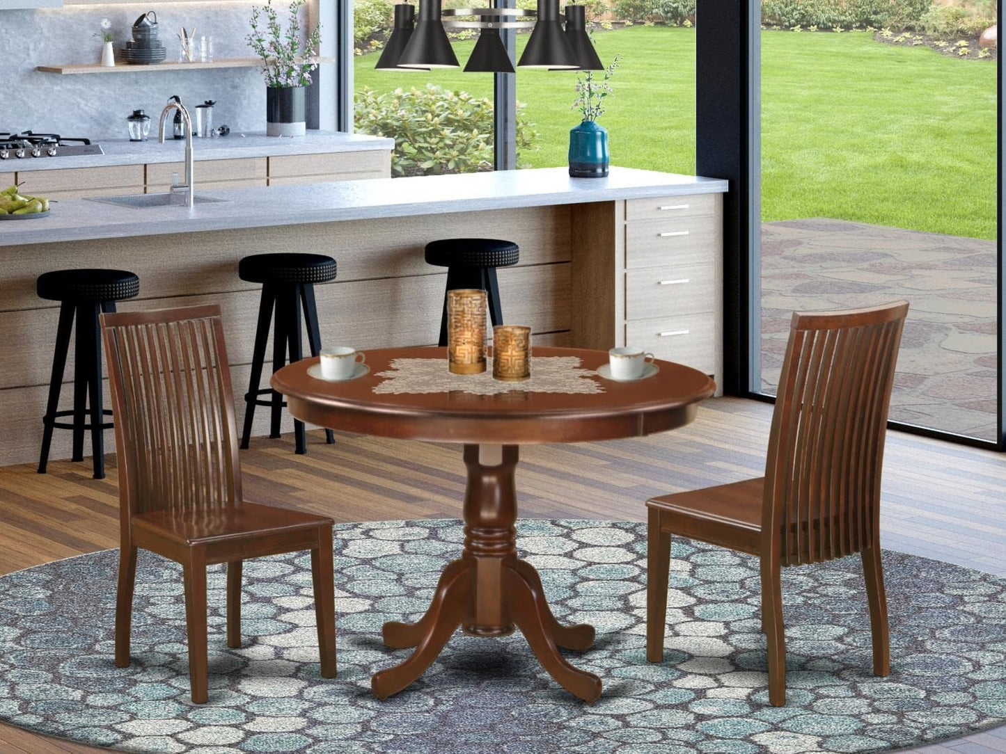 East West Furniture HLIP3-MAH-W 3 Piece Modern Dining Table Set Contains a Round Wooden Table with Pedestal and 2 Dining Chairs, 42x42 Inch, Mahogany
