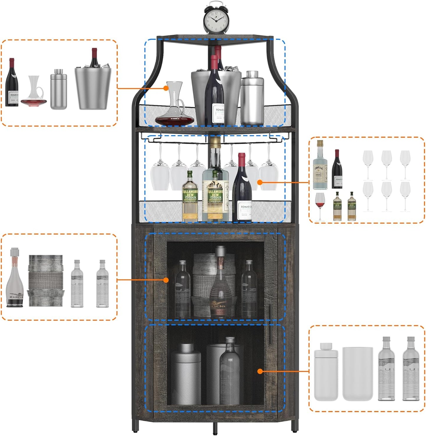 GarveeHome Corner Wine Bar Rack Cabinet with Detachable Wine Rack, Home Bar Cabinet with Barn Door and Adjustable Shelf, Wine Bar Cabinet and Buffet Cabinet with Mesh Door, Fire Wood