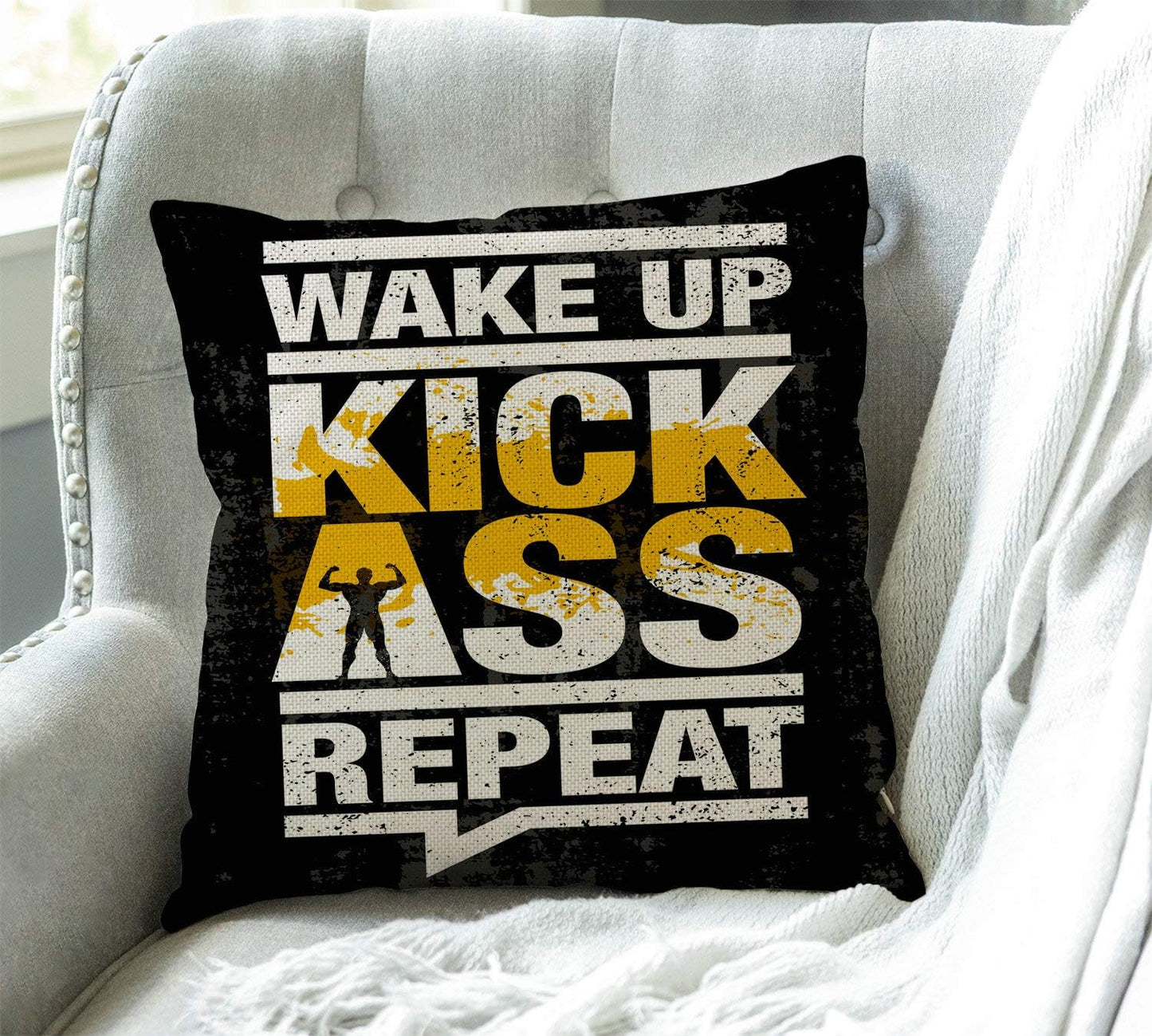 Swono Fitness Gym Sport Workout Motivation Quote Throw Pillow Case Funny Quotes Cushion Cover Cotton Linen 18 x 18 Inch,Wake Up Kick Ass Repeat