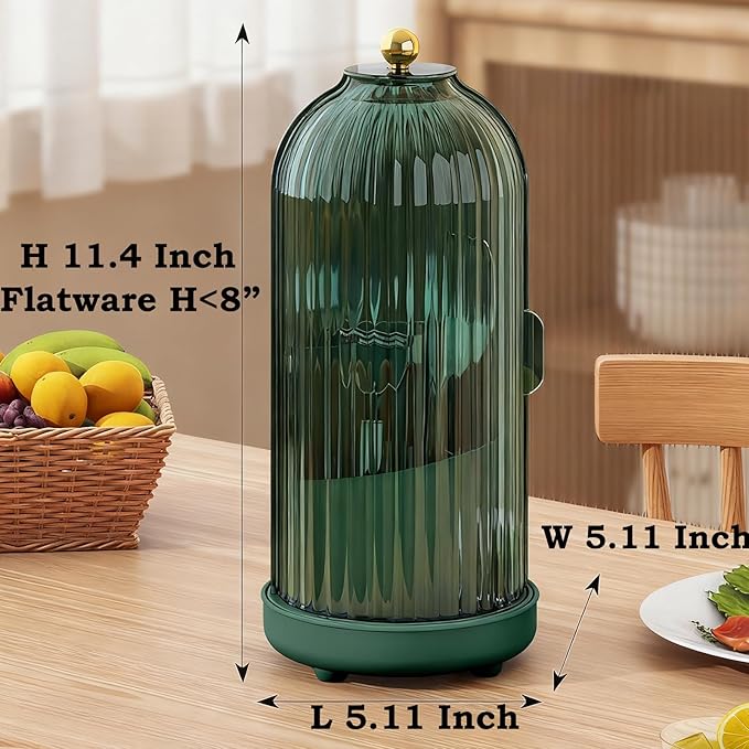 JEESA Utensil Holder with Lid, 360° Rotating Flatware Organizer for Cutlery Spoon Fork(H Less 8"), Silverware Caddy Organizer Drainage Dustproof Flatware Holder Kitchen Countertop Storage, Green