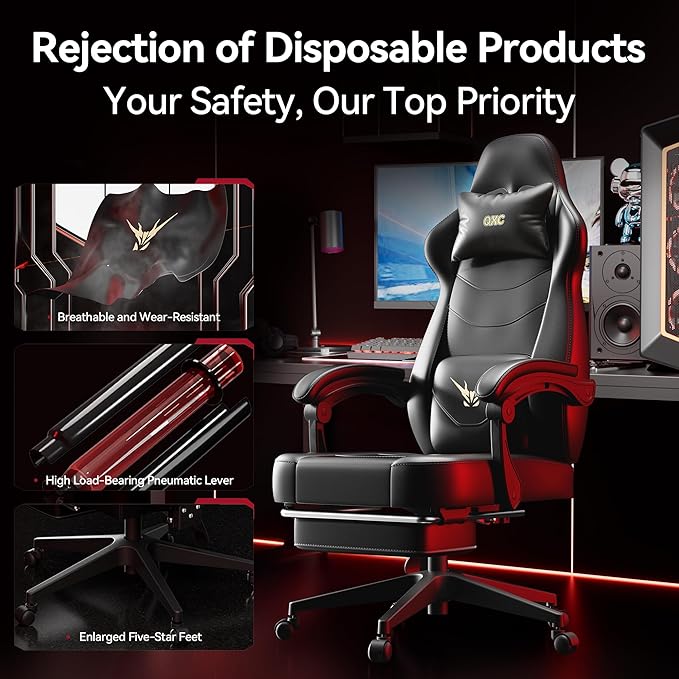 Ergonomic Gaming Chair with Lumbar Massage & Heat, 3D Adjustable Backrest, Thickened PU Leather Seat, Hidden Footrest and Silent Casters for Office/Home (63-77in)