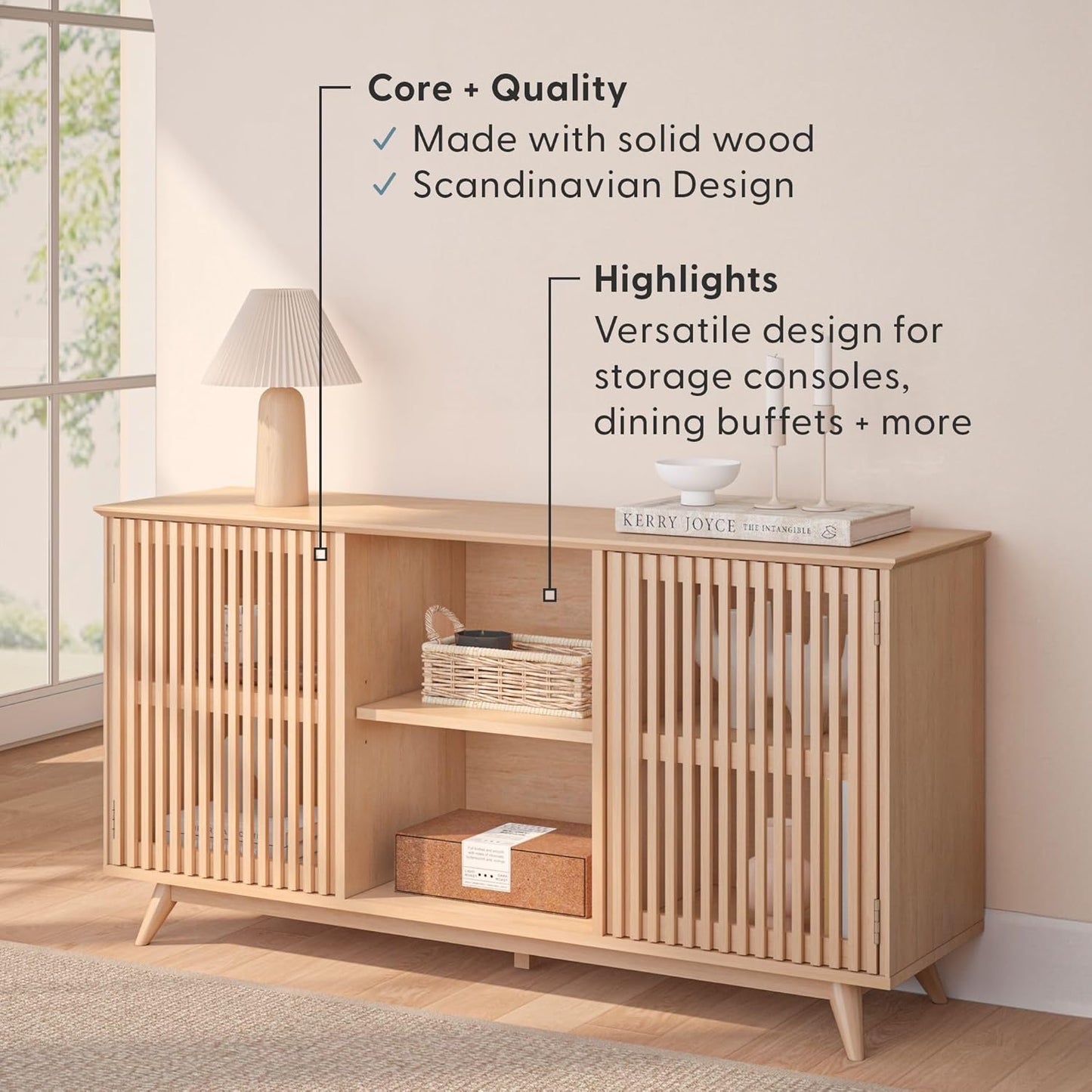 Plank+Beam Mid-Century Modern Wood TV Stand, Solid Wood Entertainment Console with Storage, 59" L x 16" W x 30" H, Blonde