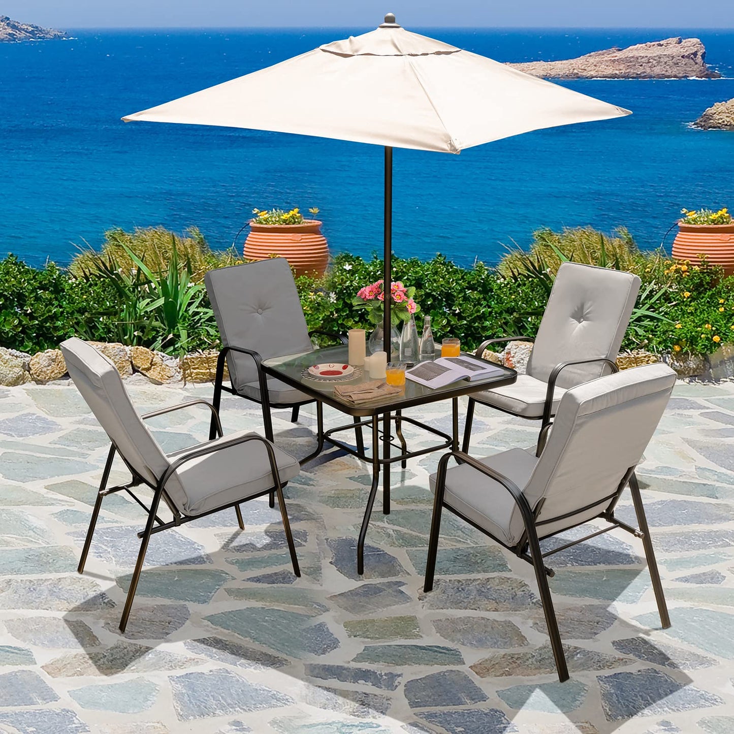 Giantex 35" Patio Table for 4 Persons, Metal Square Dining Table W/Tempered Glass Tabletop & Umbrella Hole (1 Patio Table)