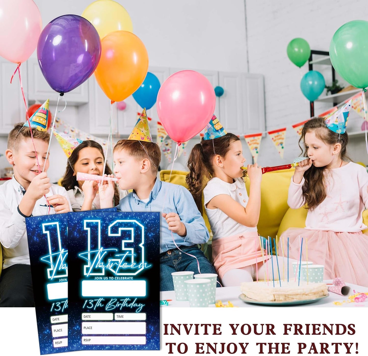 SIXEIGHT Blue 13th Birthday Party Invitations for Boys, Glow Neon Birthday Invitations, 20 Double Sided Invite Cards with Envelopes for Kids Girls, Party Decorations Supplies, 4"x6"-C13