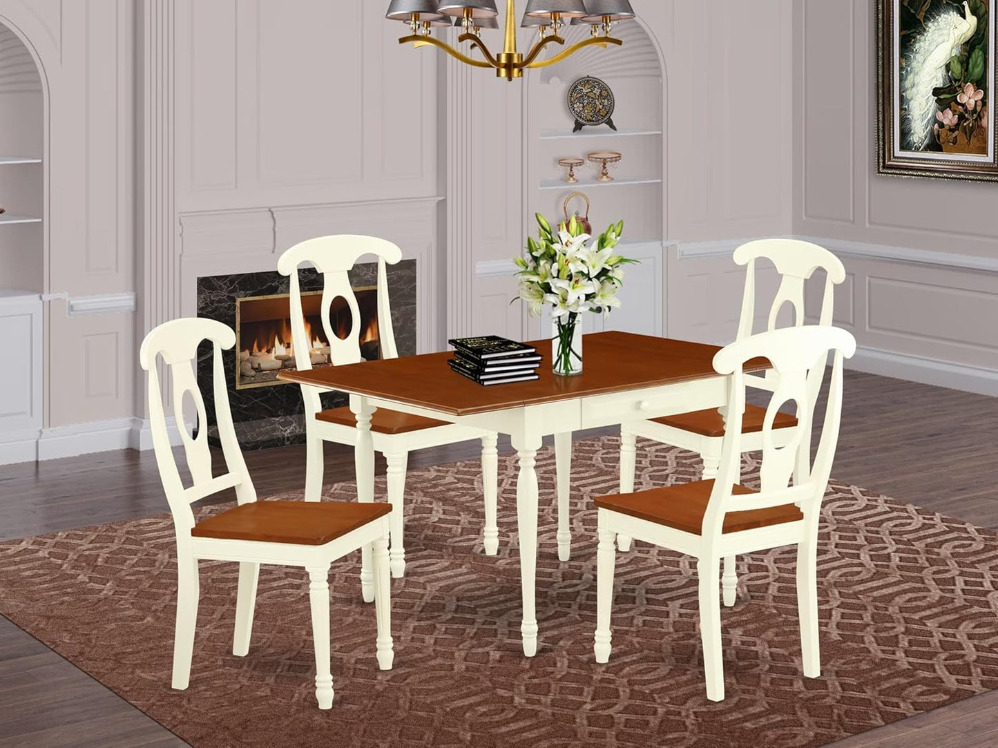East West Furniture MZKE5-WHI-W 5 Piece Dining Set Includes a Rectangle Dining Room Table with Dropleaf and 4 Wood Seat Chairs, 36x54 Inch, Buttermilk & Cherry