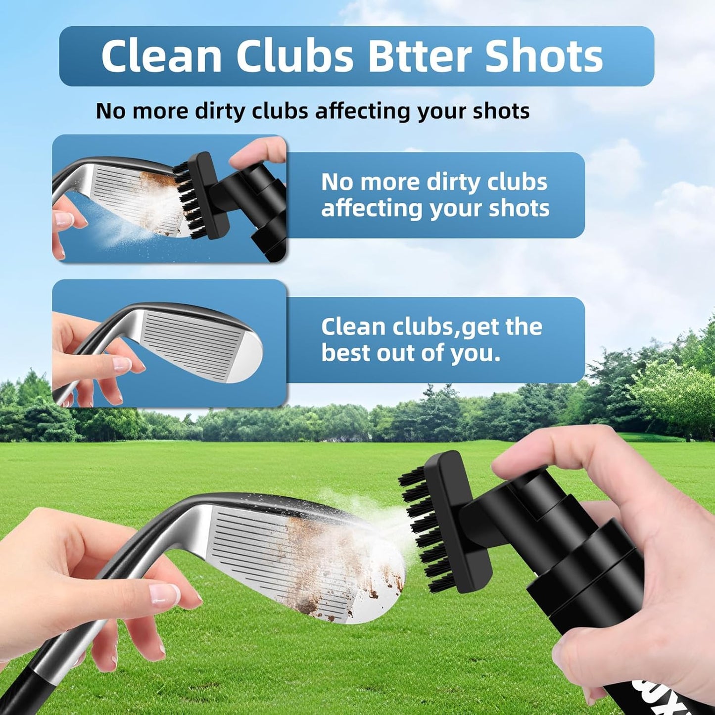 The Golf Club Brush Features a Press-Activated Water Bottle for Effortless Cleaning. Combining Portability with Cost-Effectiveness, This Gender-Neutral Design Makes an Ideal Gift for Players.