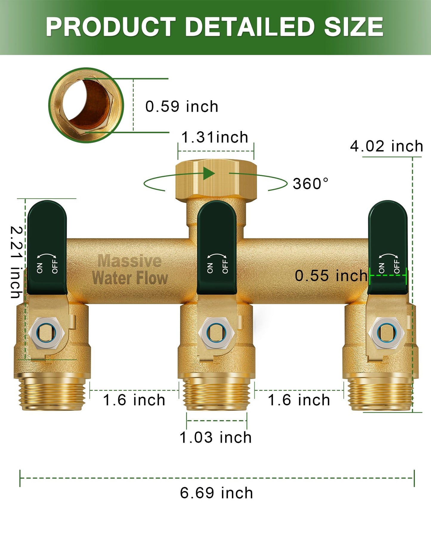 LNEZCDB 3 Way Hose Splitter, Heavy Duty Full Flow Garden Water Hose Bib Spigot Splitter, Brass Rust and Freeze Resistant Outdoor Faucet Splitter, T Adapter Connector with 3/4 - Inch GHT Thread （Green）