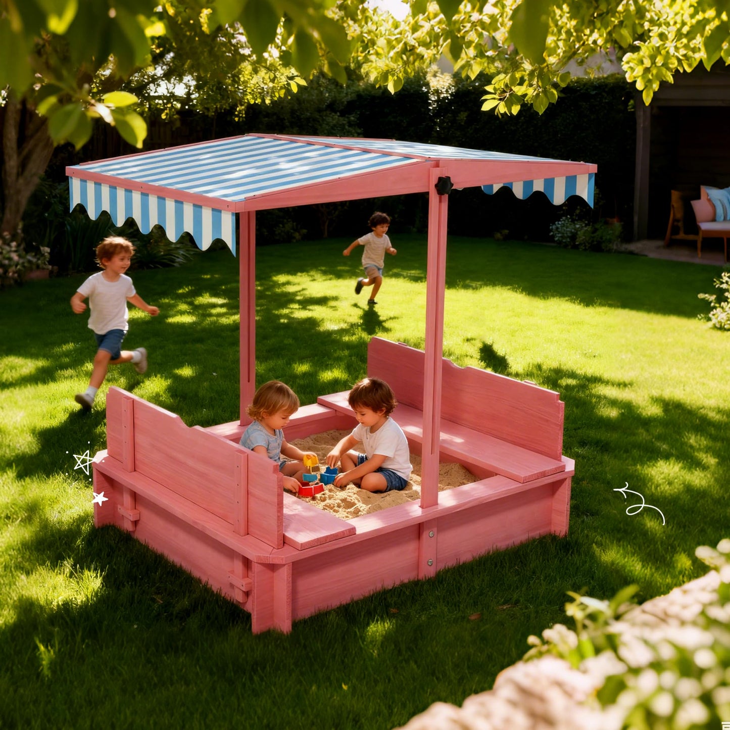 Wooden Kids Sandbox with Height-Adjustable UV-Resistant Canopy - 43x43 Inch Outdoor Play Sand Box with Lid, 2 Foldable Bench Seats & Bottom Liner, Ideal for Backyard, Garden, Beach