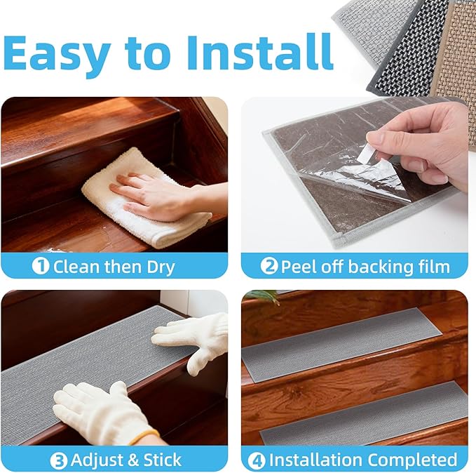 Art3d Stair Treads for Wooden Steps 15Pcs, 8" X 30" Non Slip Stair Runner Rugs with Reusable Adhesive for Elders Kids and Dogs, Machine Washable Peel and Stick Stair Treads Carpet, Gray