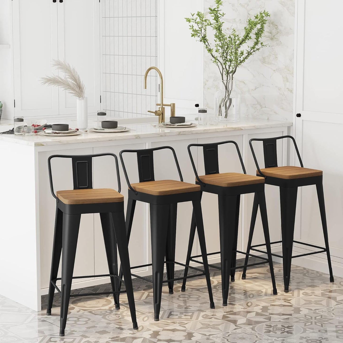 WENTMENT Metal Bar Stools Set of 4 Counter Height Barstools with Removable Back 26" Kitchen Bar Stools with Wooden Seat, Black