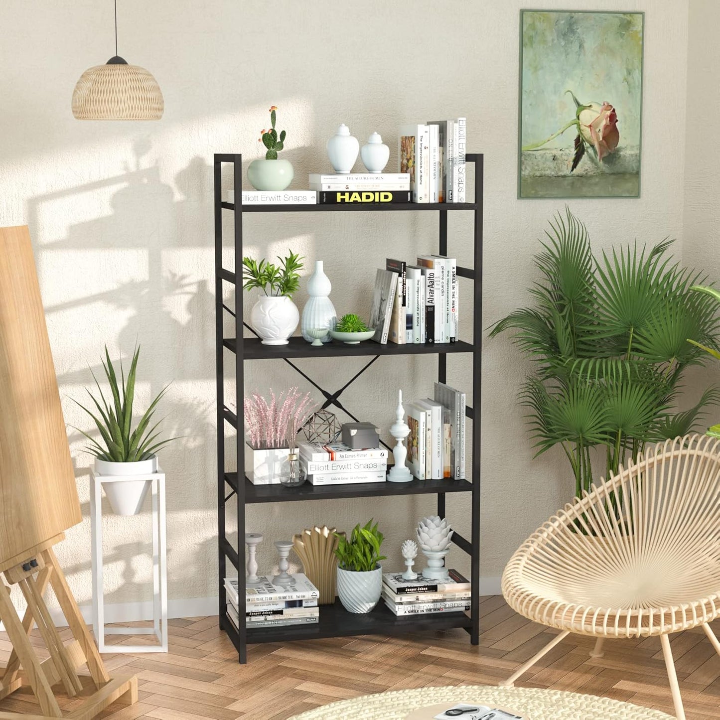 NUMENN 4 Tier Bookshelf, Tall Bookcase Shelf Storage Organizer, Modern Book Shelf for Bedroom, Living Room and Home Office, Black