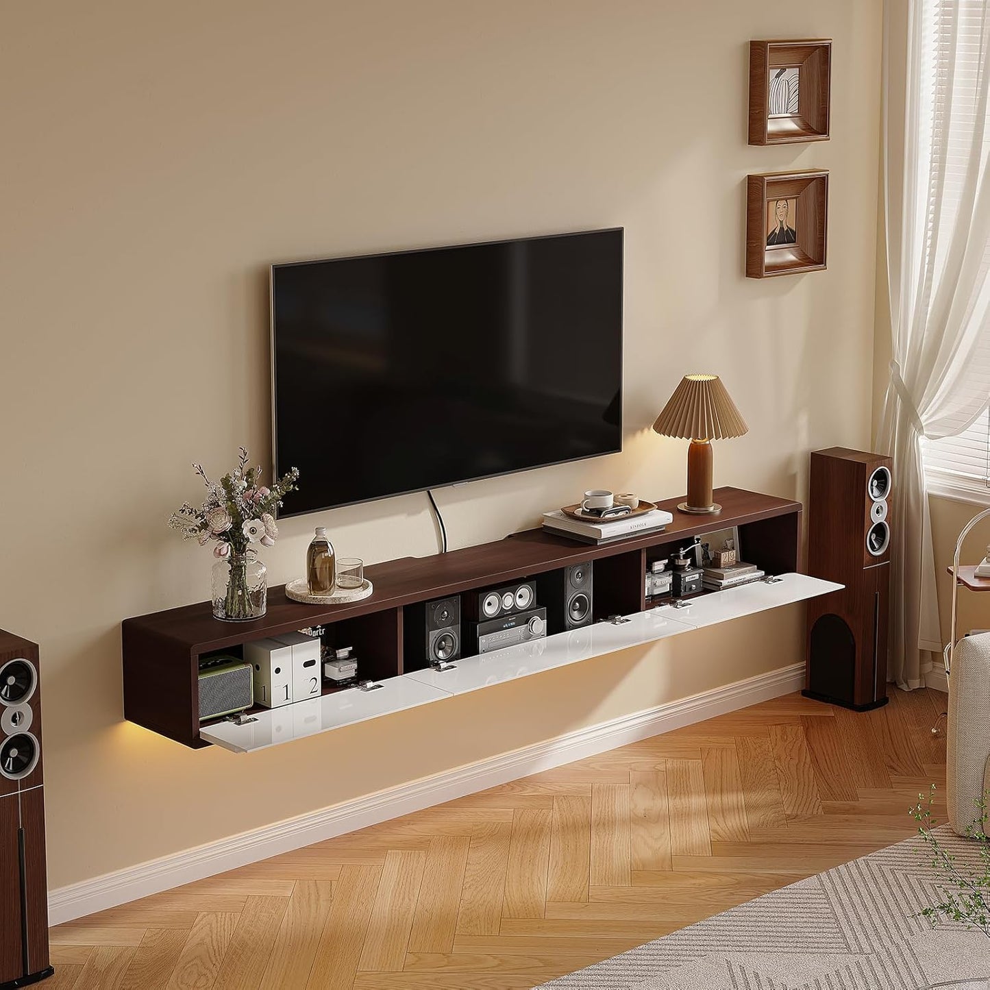 Floating TV Stand High Gloss,86'' Wall-Mounted TV Cabinet,Floating TV Console,Under TV Shelf with 3 Doors for Living Room Bedroom(Walnut+White)